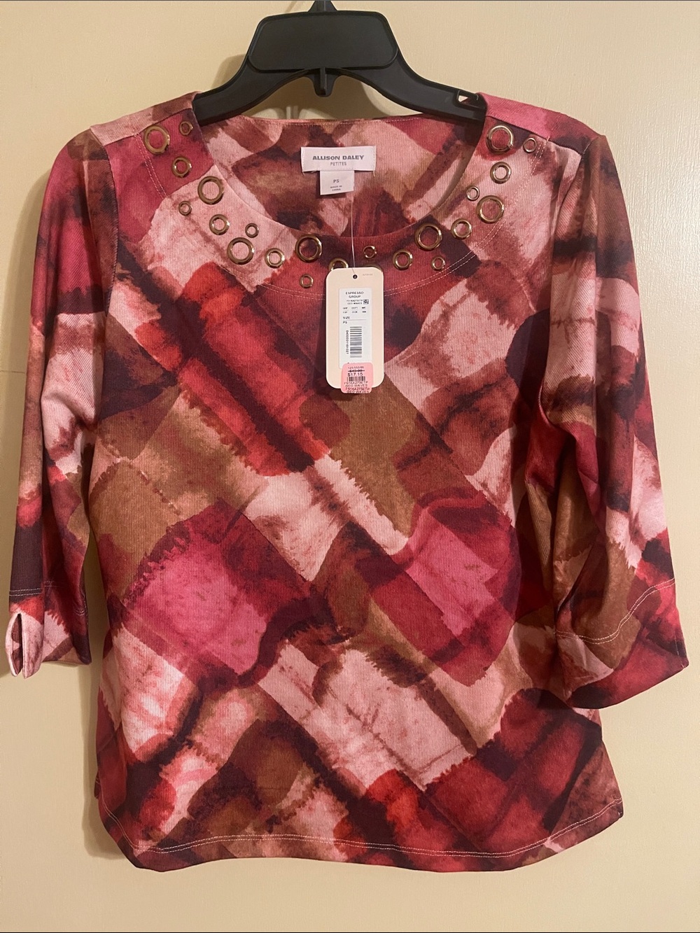 Allison Daley Pink & Brown Patterned Grommet Neck Women's Top